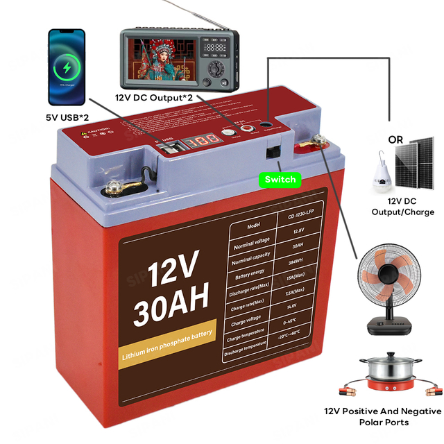 12V 30Ah Iluminación exterior para el hogar Central eléctrica Batería recargable de fosfato de hierro y litio Batería Lifepo4 con reproductor de video USB Puerto de salida CC