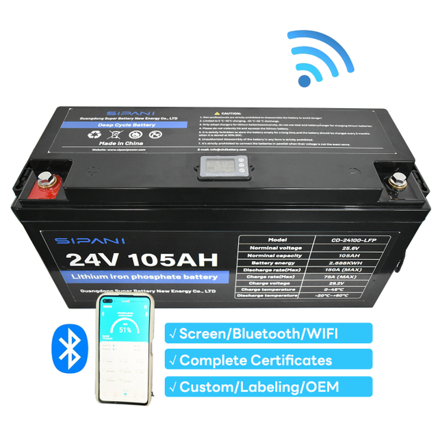 Batería de litio LFP de ciclo profundo de 24V 105Ah Lifepo4 con pantalla