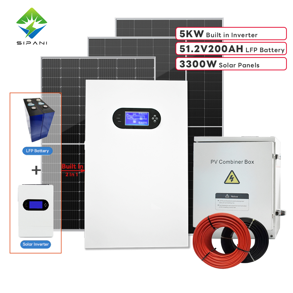 Inversor híbrido incorporado 5kVa Lifepo4 10kWh 48v Batería de litio Powerwall todo en uno con kit de paneles solares de 3300W para sistema de hotel residencial doméstico